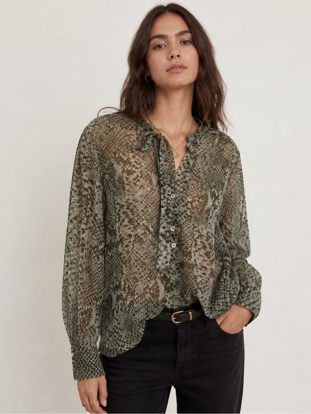 Zara XS Snake Print Sheer Blouse Tie Neck Lightweight Animal Print Chic Grunge
